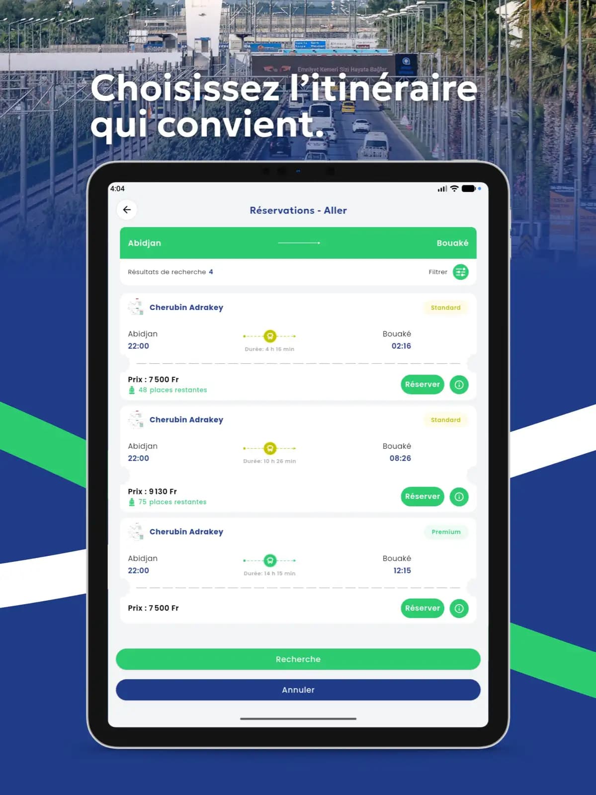 Preview of trip search in the RITbus application